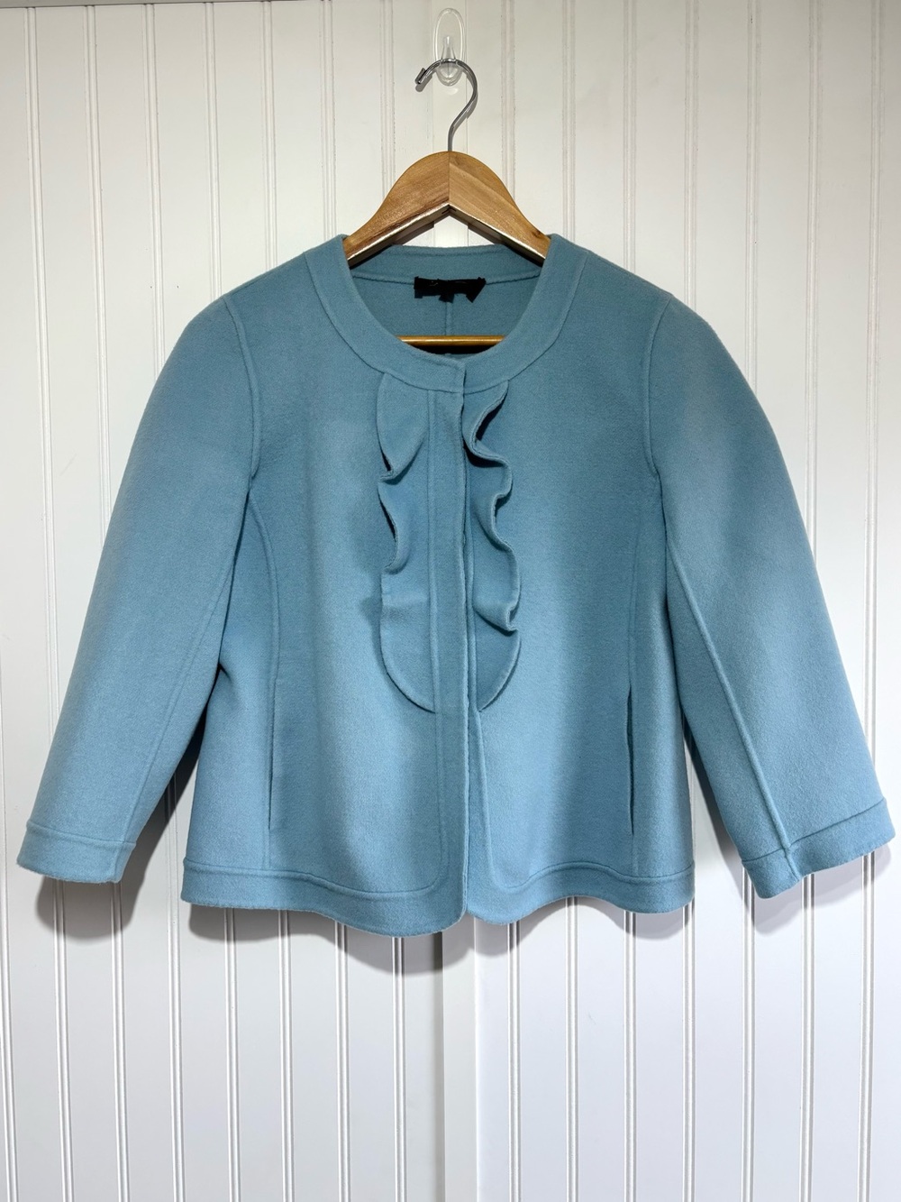 Talbots Wool Blend Ruffle Jacket Powder Blue 3/4 Sleeve Size 4